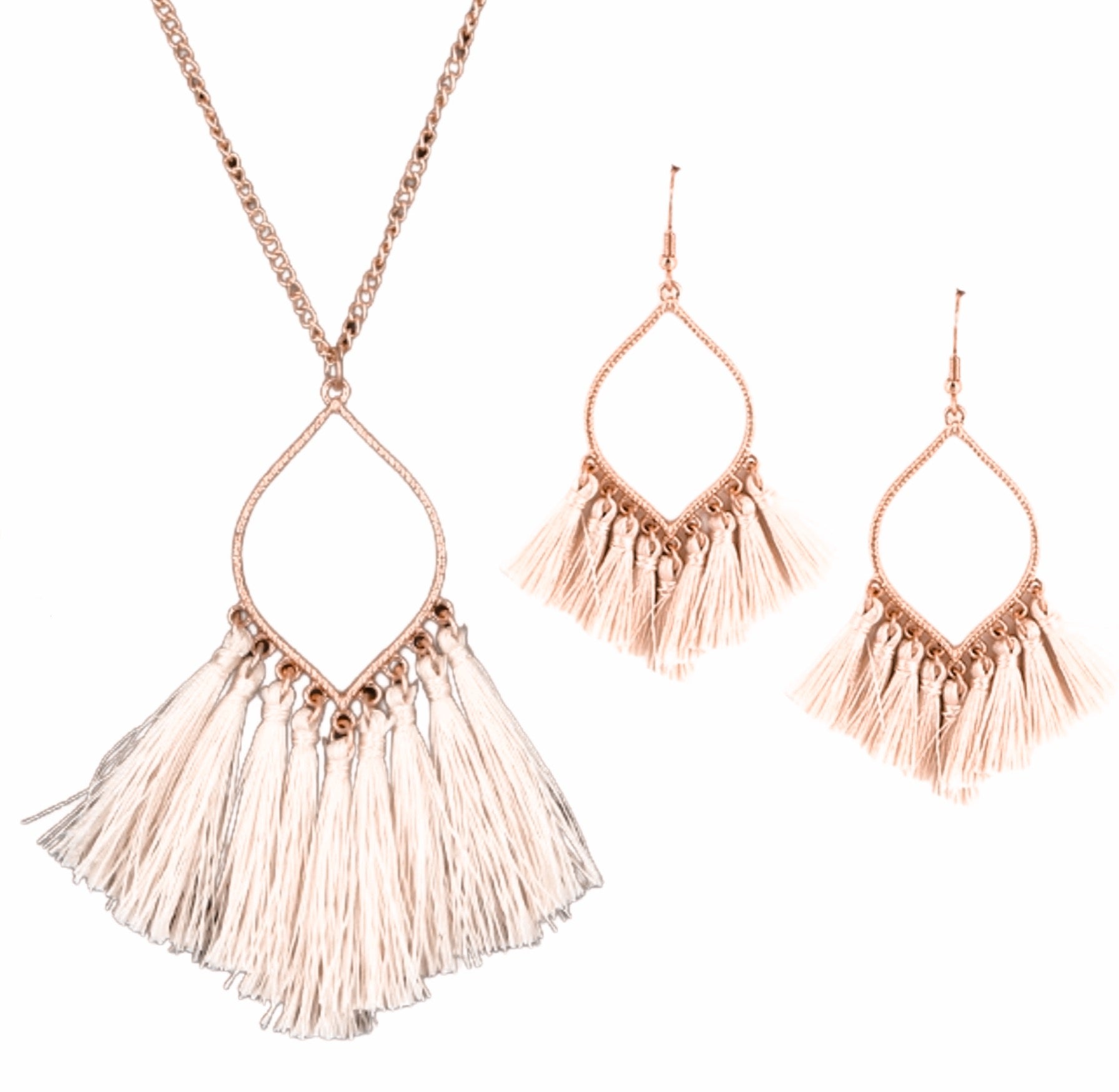 Gold tassel necklace & earrings set Teal, Cream or Pink