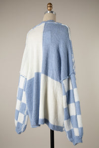 Baby blue checkered sweater cardigan