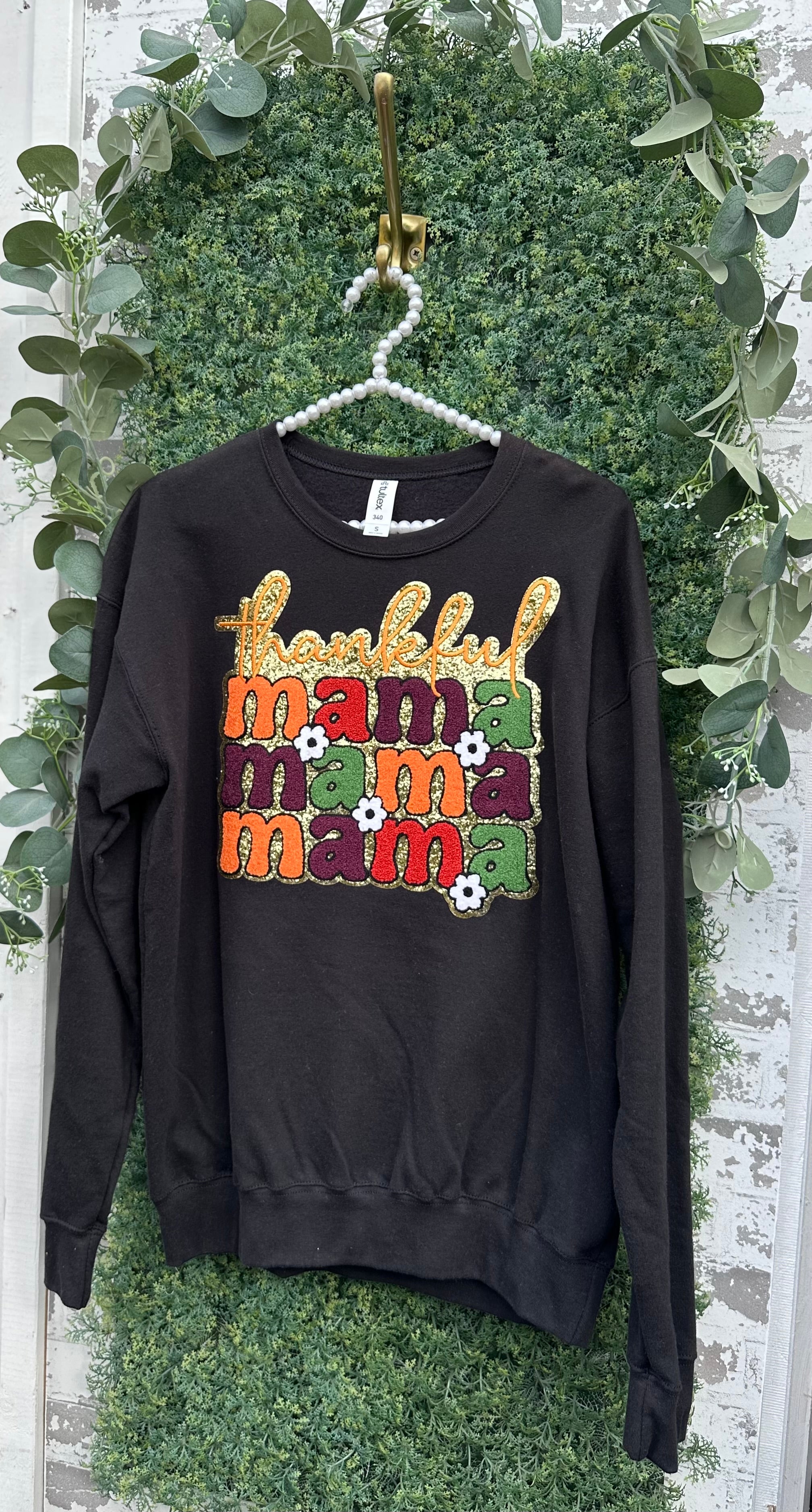 Thankful Mama glitter chenille patch black sweatshirt Reg & Plus Size