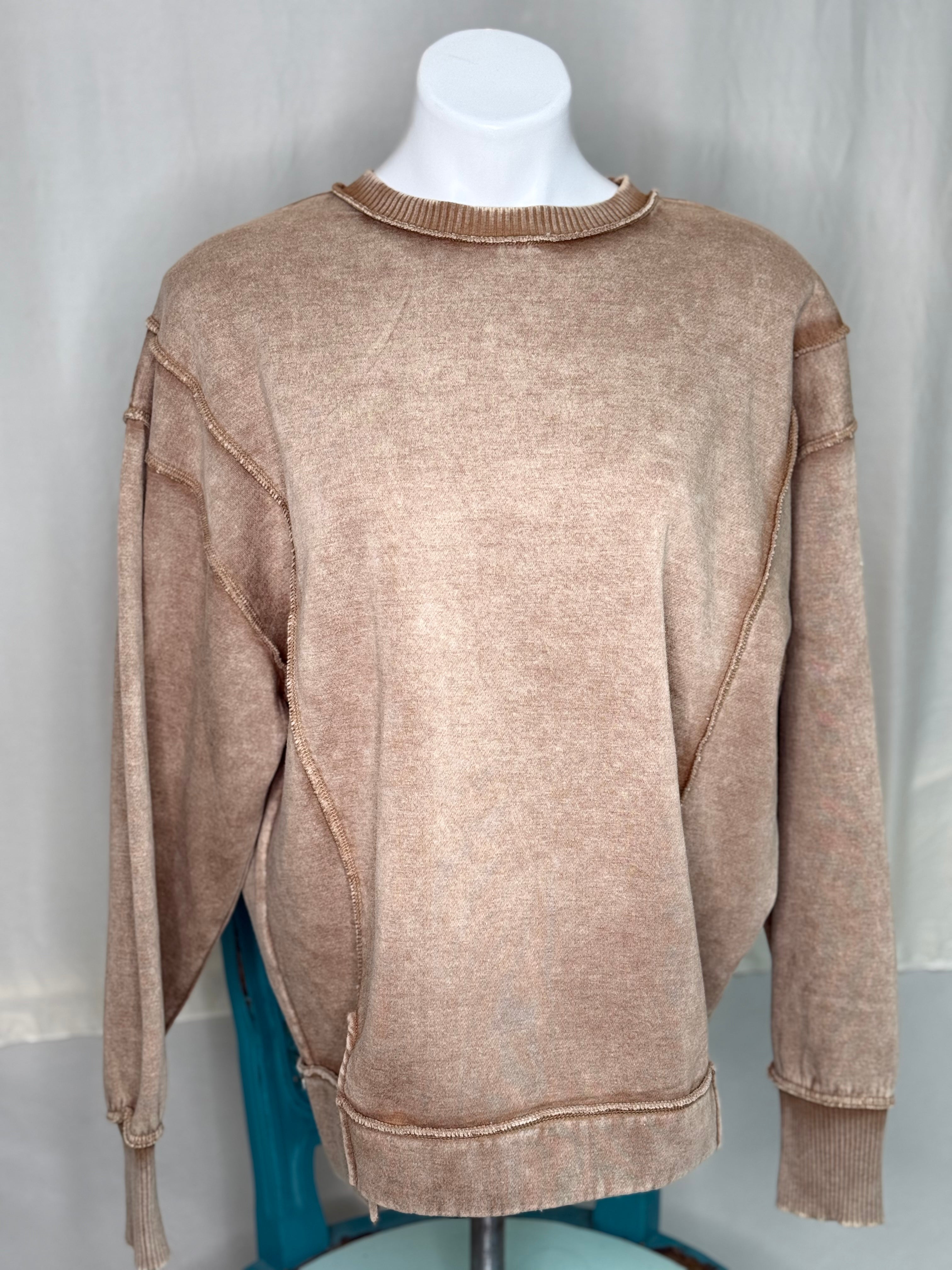 Zenana tan acid wash pull over sweatshirt