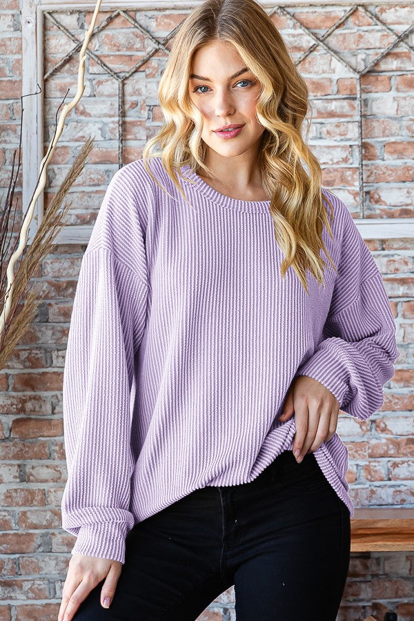 CLEARANCE! Ribbed round neck balloon sleeve casual long sleeve top Regular & Plus Size