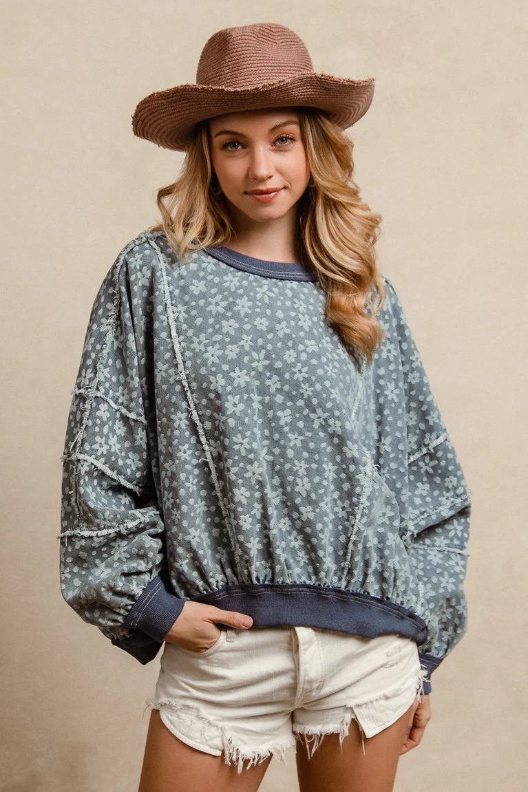 Bibi denim floral frayed detail pull over oversize sweatshirt style top