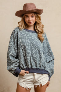 Bibi denim floral frayed detail pull over oversize sweatshirt style top