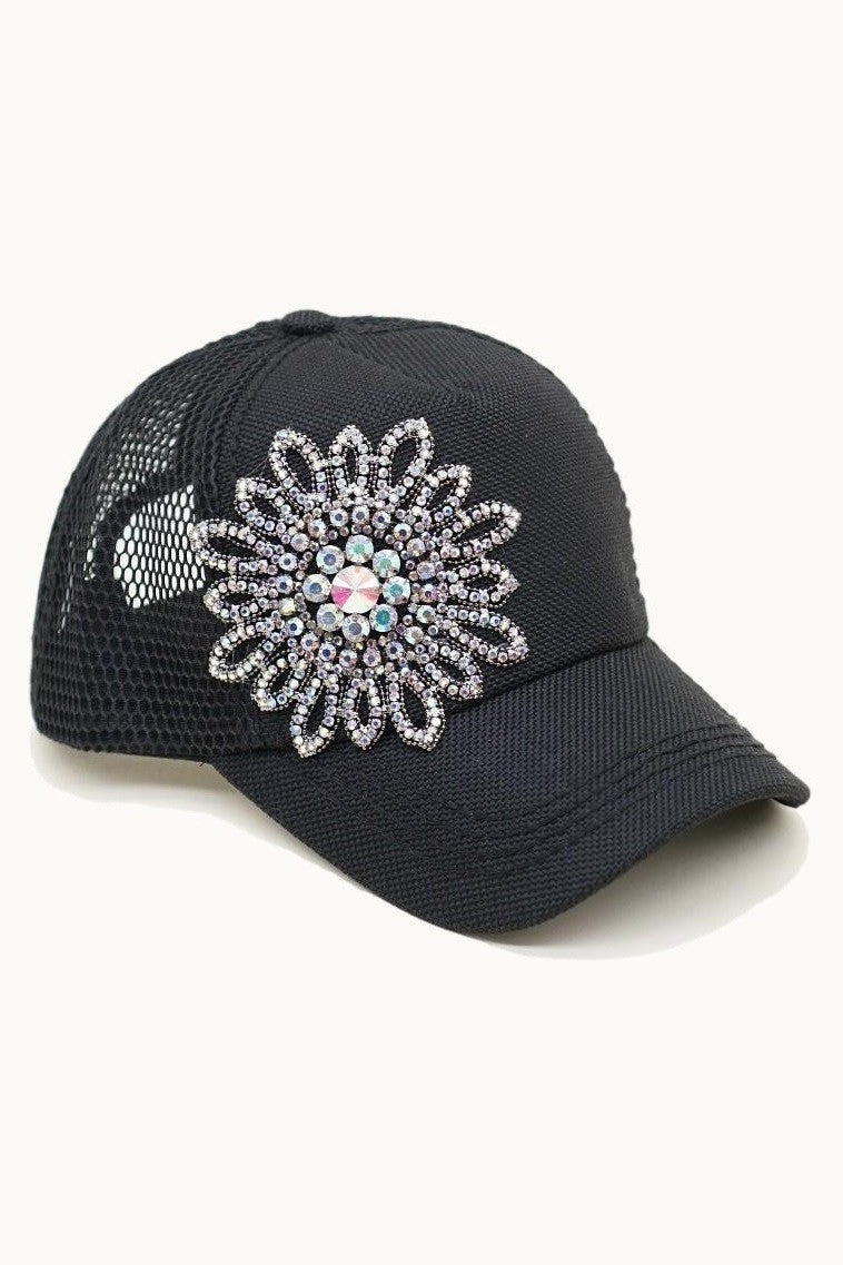 Black flower burst rhinestone bling trucker hat by Olive & Pique