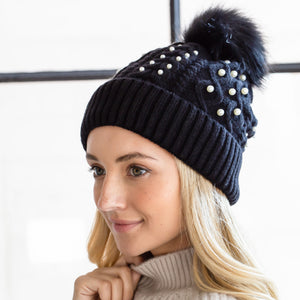 Black and pearl beanie Pom Pom winter hat