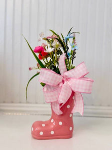 Spring polkadot rain boot floral arrangement decor by Heather Hill Bowtique