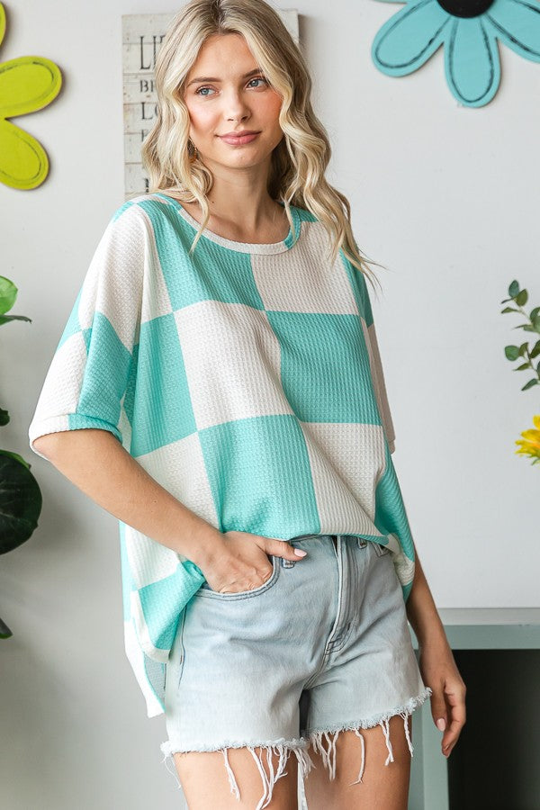 Teal checkered oversized top Regular & Plus Size