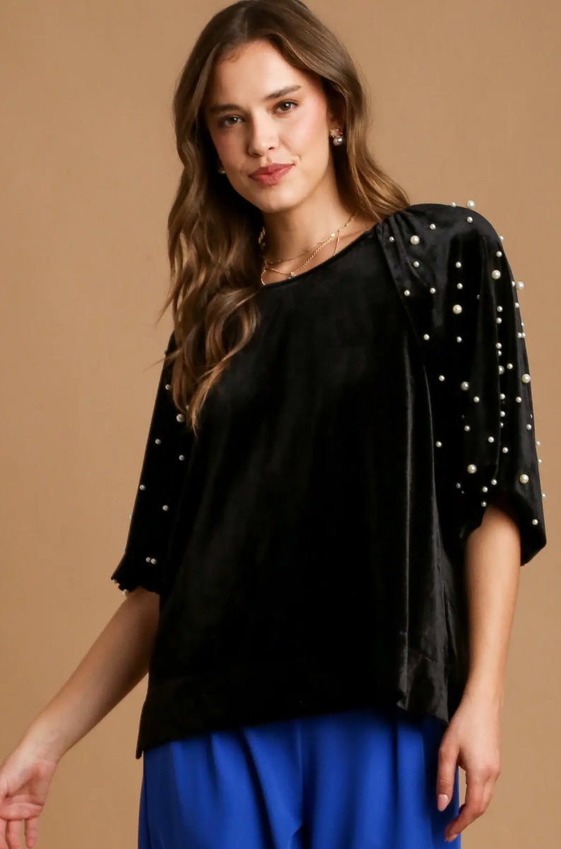 Umgee black velvet pearl dressy top