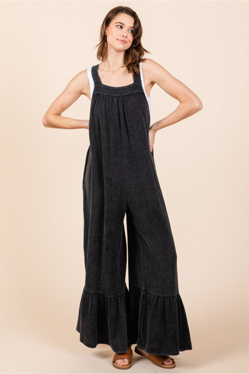 Black ruffle bell bottom jumpsuit