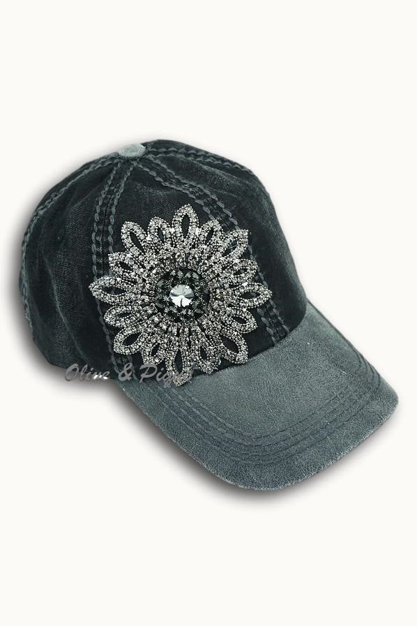 Black gunmetal grey flower burst rhinestone hat by Olive & Pique
