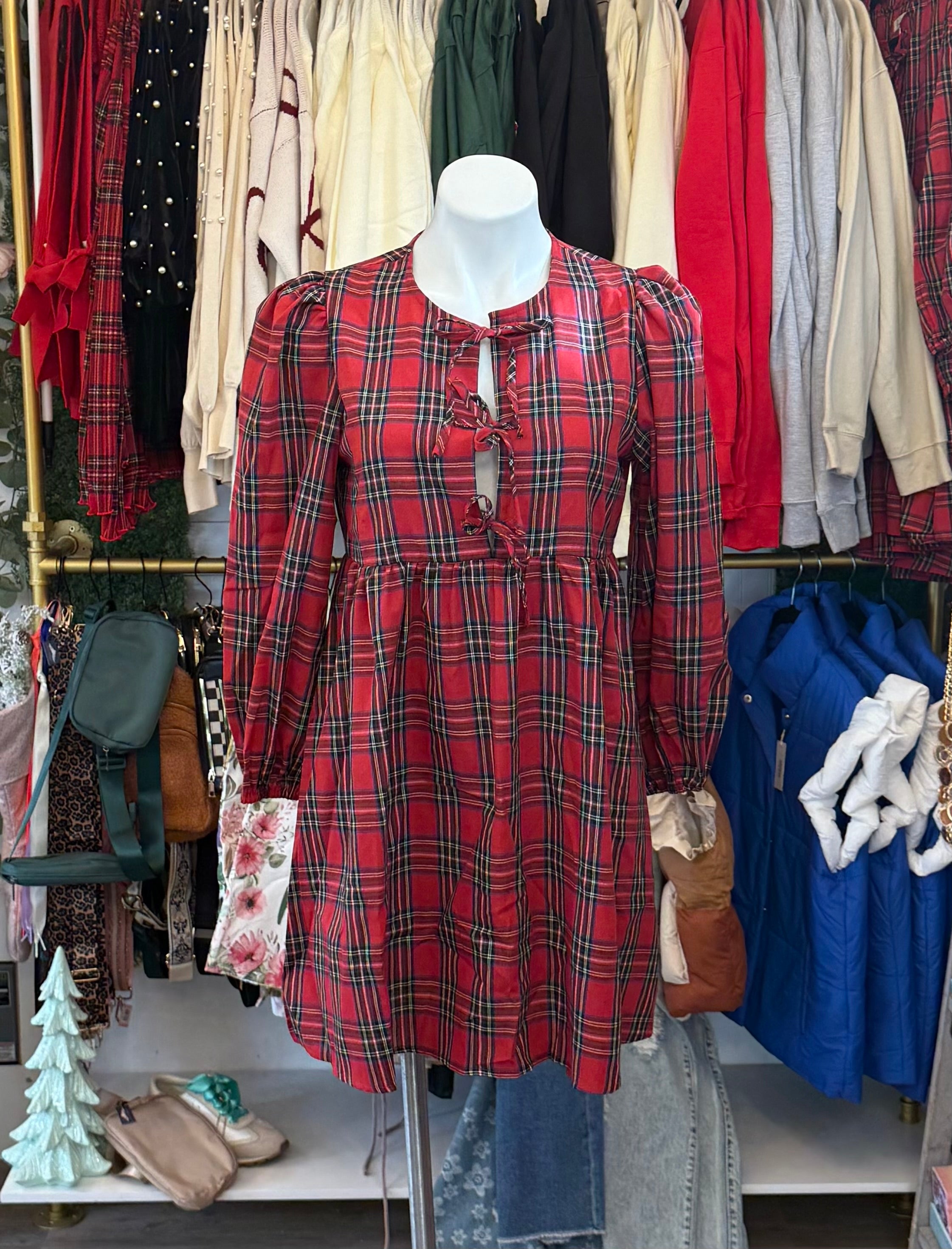 Red plaid bow detailed dress