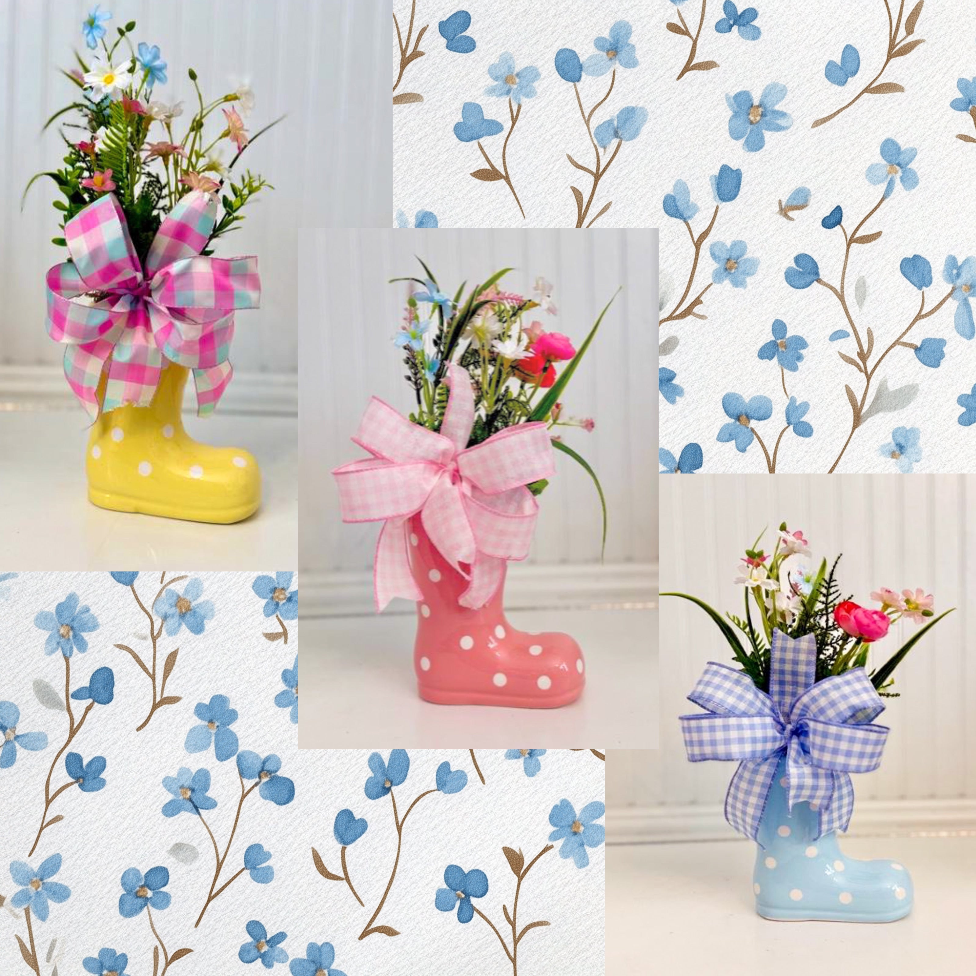 Spring polkadot rain boot floral arrangement decor by Heather Hill Bowtique