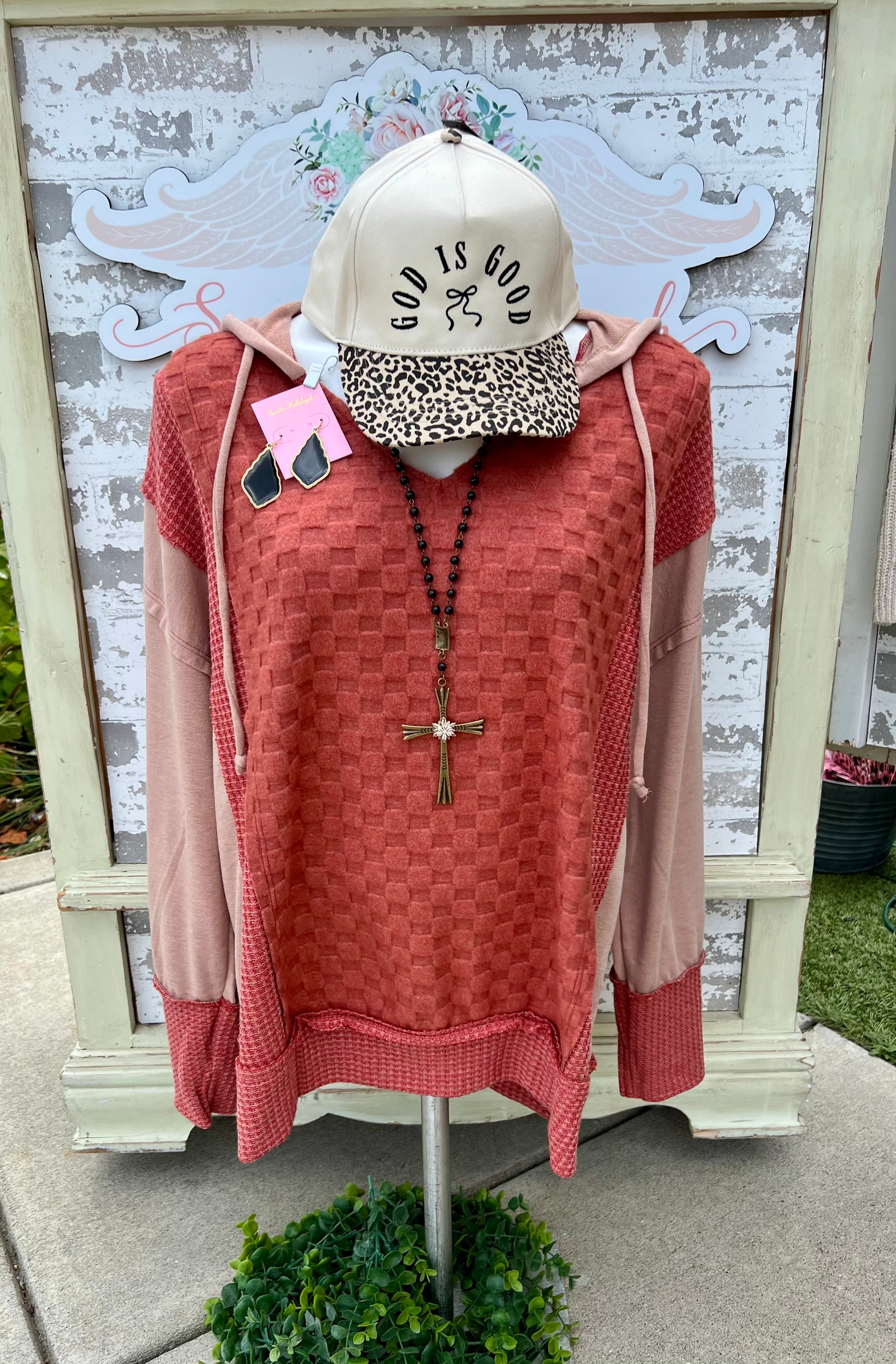 Bibi rust waffle knit checkered hoodie