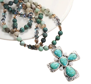 Handmade bling bead turquoise like stones & pearl cross necklace