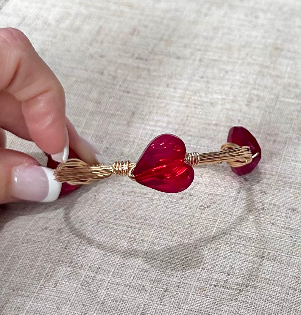 Handmade red heart Valentine's Day gold stack layering bracelet