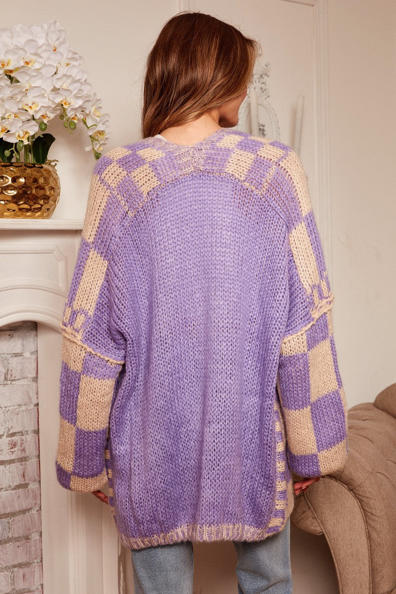 Lavender checkered oversize sweater cardigan