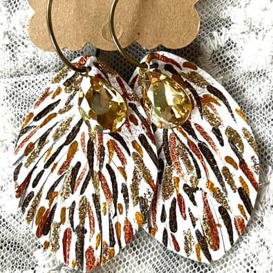 Handmade painted leather fall bling earrings - Rust / gold / green / brown