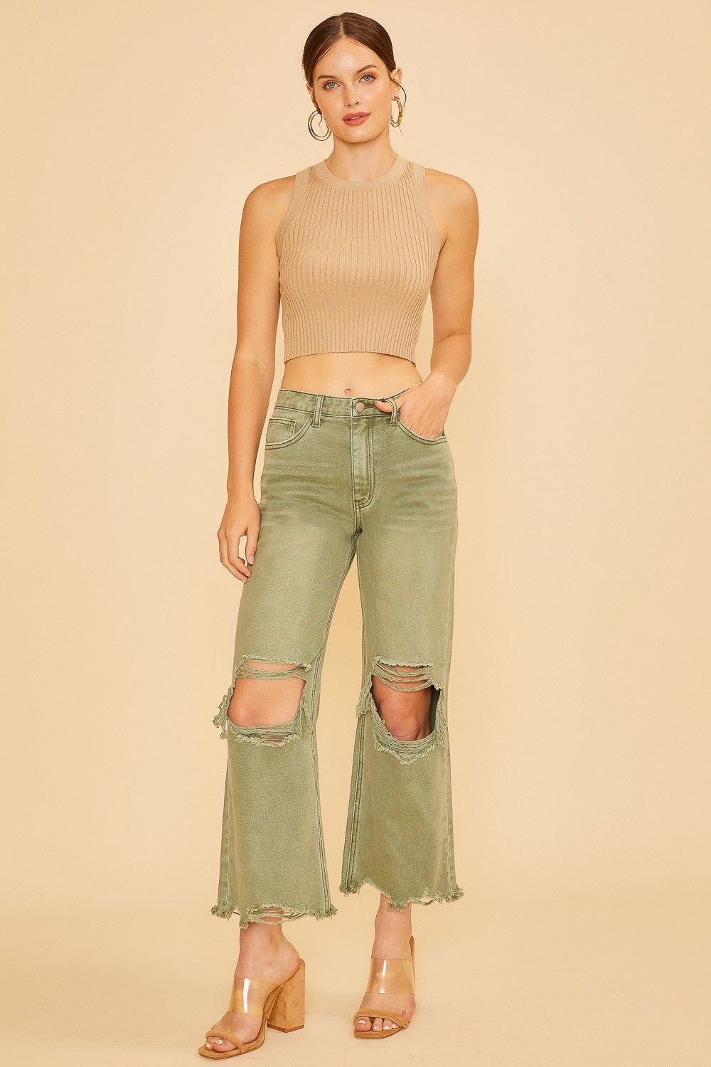 Olive green distressed light wash denim frayed jeans