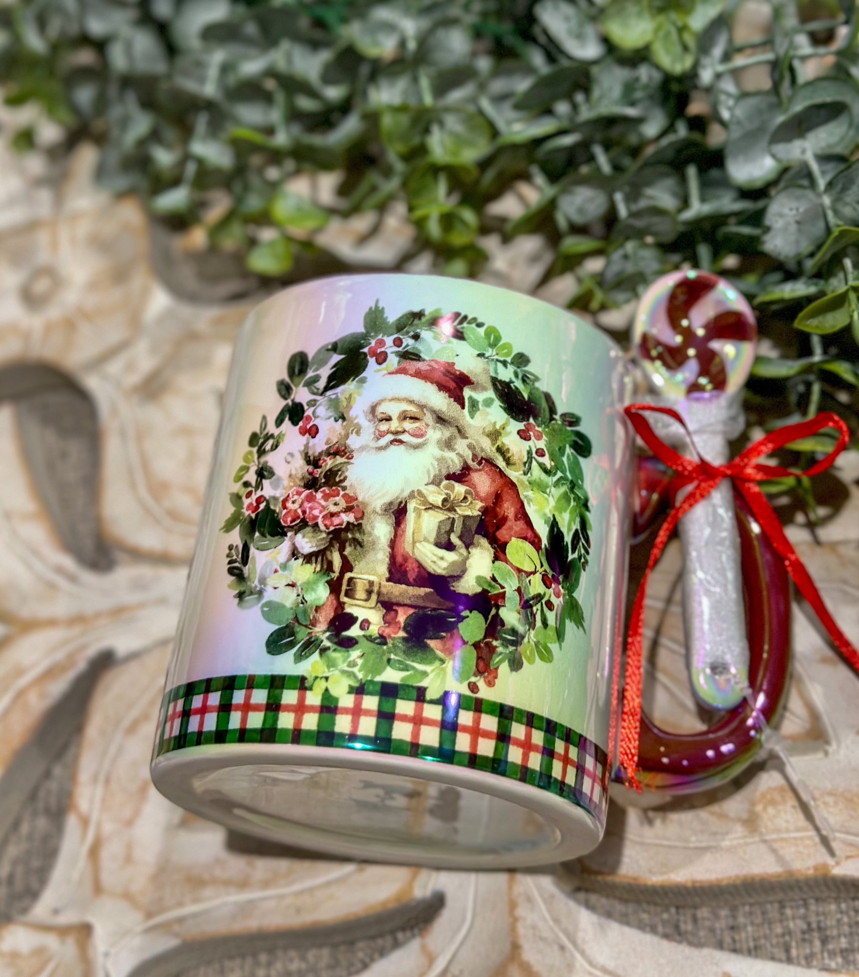 Christmas opal shine coffee mug & spoon gift set Nutcracker or Vintage Santa