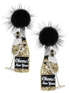 Glitter and fur Pom Pom new years champagne party earrings