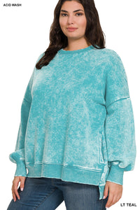 Zenana Plus Size teal distressed washed sweatshirt w/ pockets