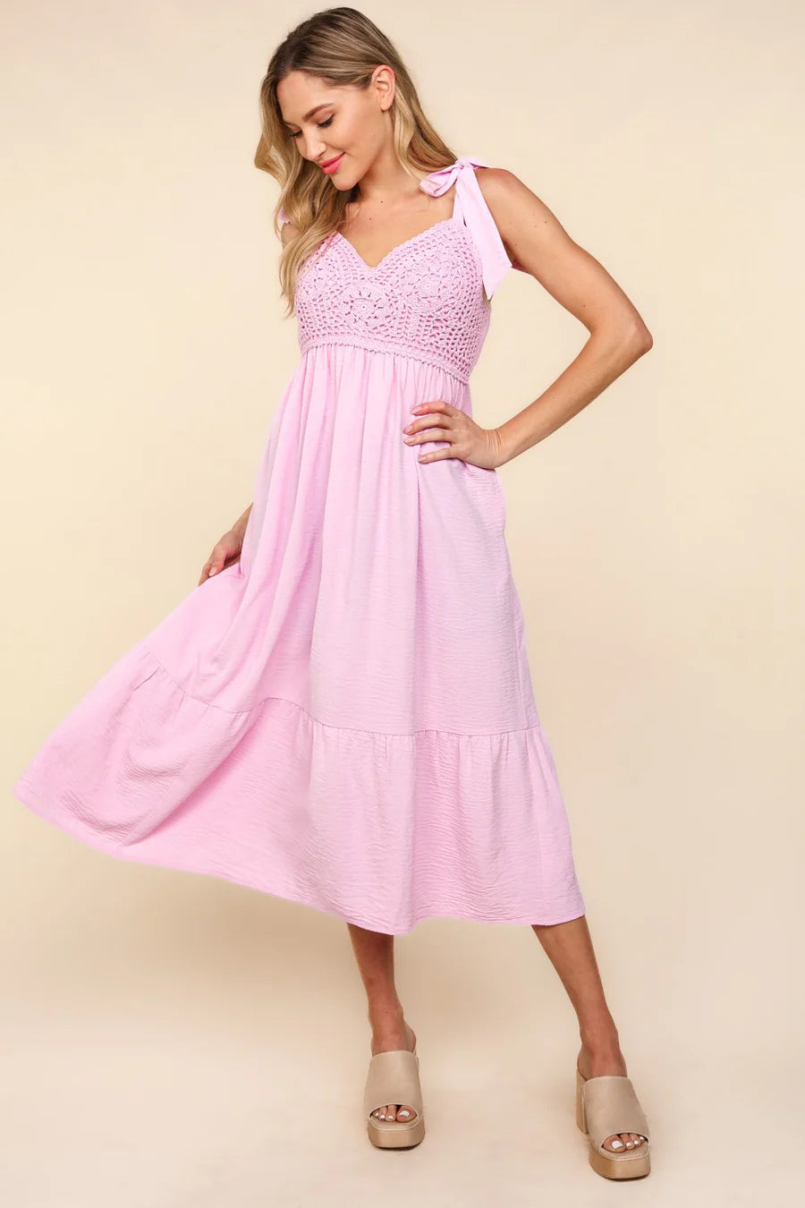 Pink crochet tiered maxi dress with tie straps