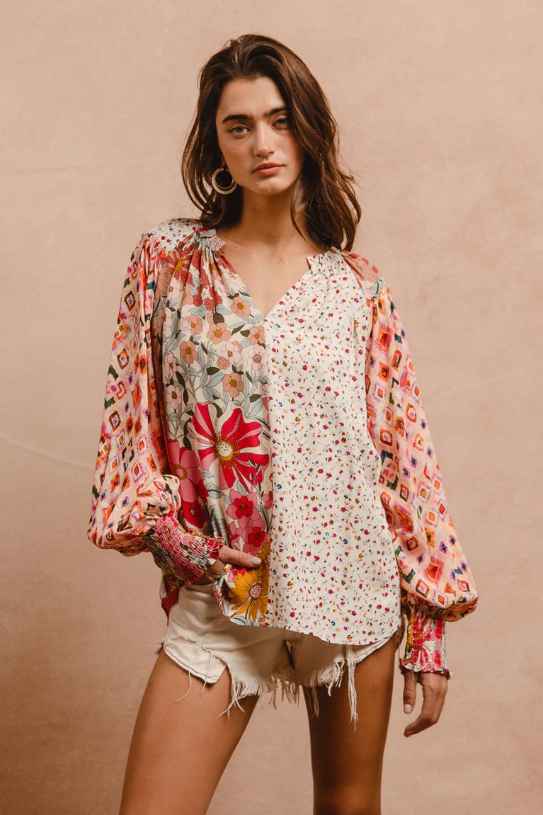 Bibi floral mix print peasant top
