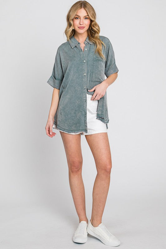 Green oversized mineral wash frayed hem button up top