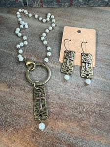 Handmade pearl and brushed gold / copper cross necklace or earrings