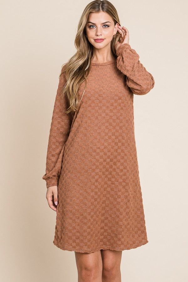 Checkered textured camel tan fall dress