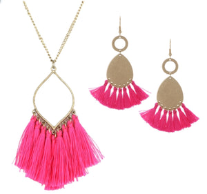 Gold tassel necklace & earrings set Teal, Cream or Pink