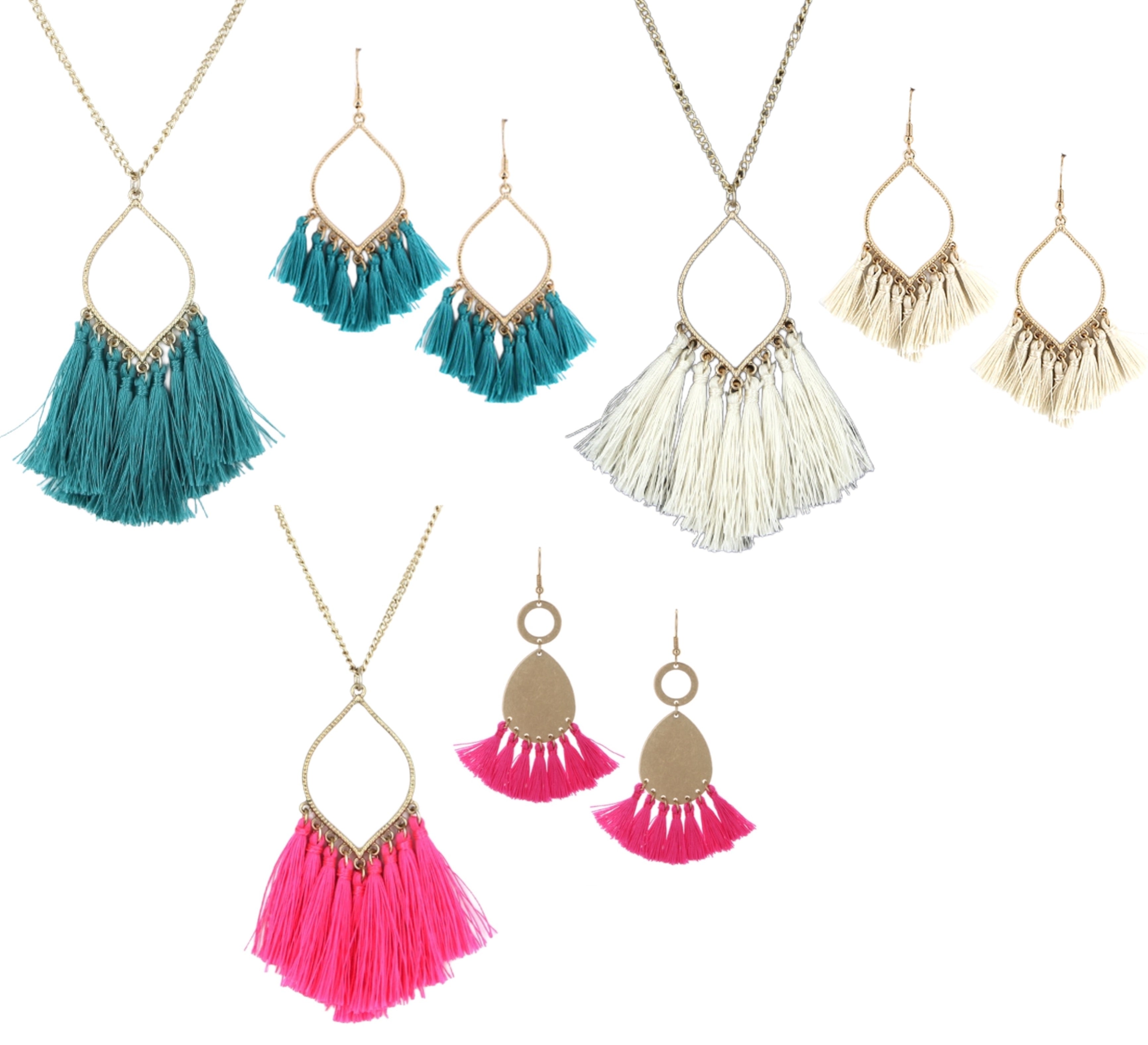 Gold tassel necklace & earrings set Teal, Cream or Pink