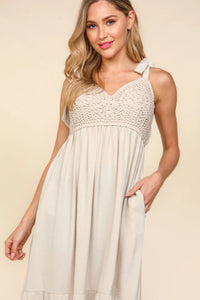 Oatmeal beige crochet tiered maxi dress with tie straps