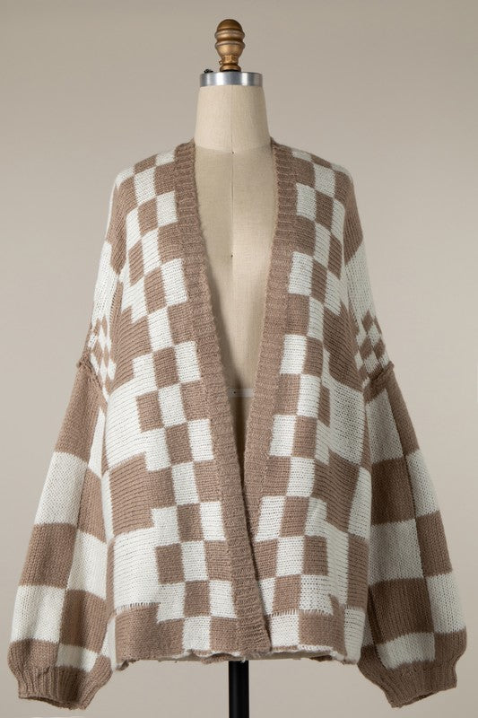 Tan and white checkered cardigan sweater