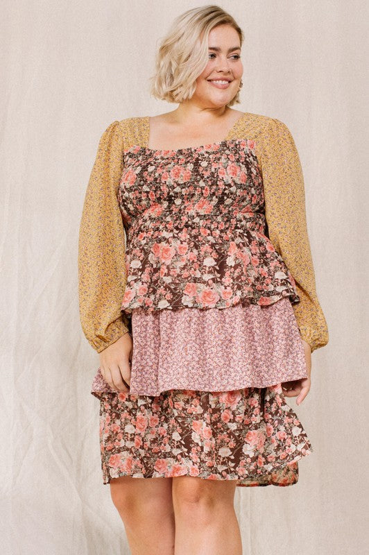 Oddi Plus Size mustard & brown floral fall dress