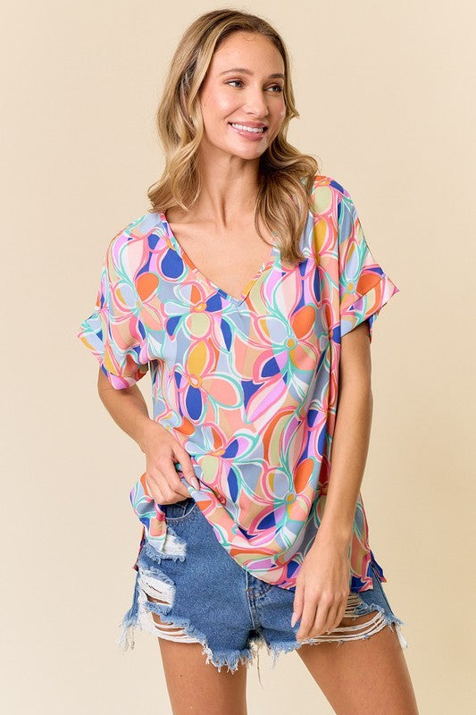 Floral pink, blue & orange top