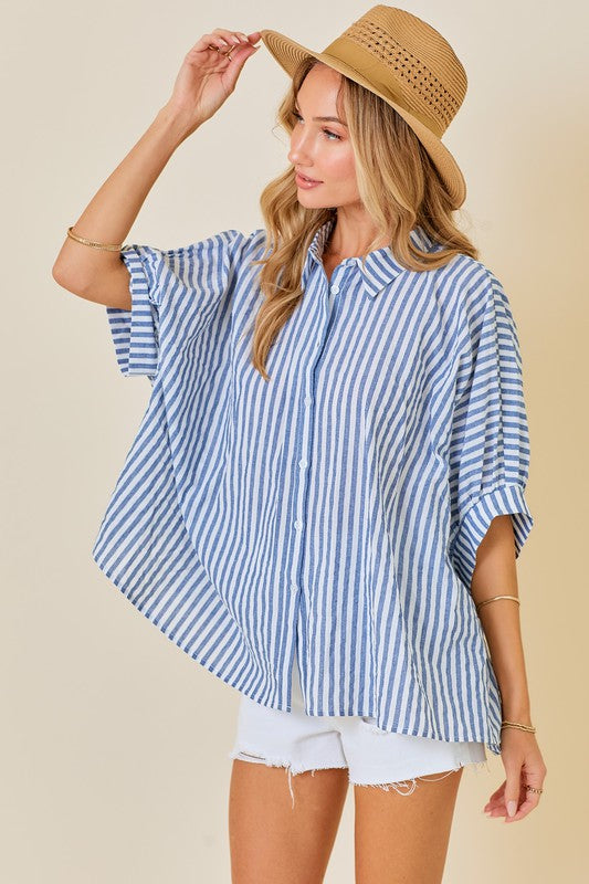 Navy & white striped oversize button down spring top by day + moon