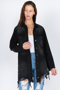 Regular & Plus Size frayed denim long jean jacket Light blue or black