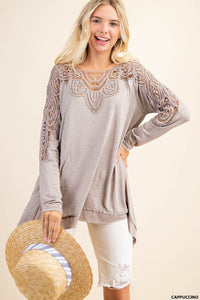 Kori mocha crochet frayed detailed lightweight top