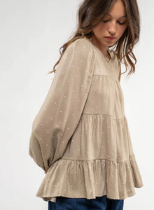 Regular & Plus Size Light olive babydoll tiered top