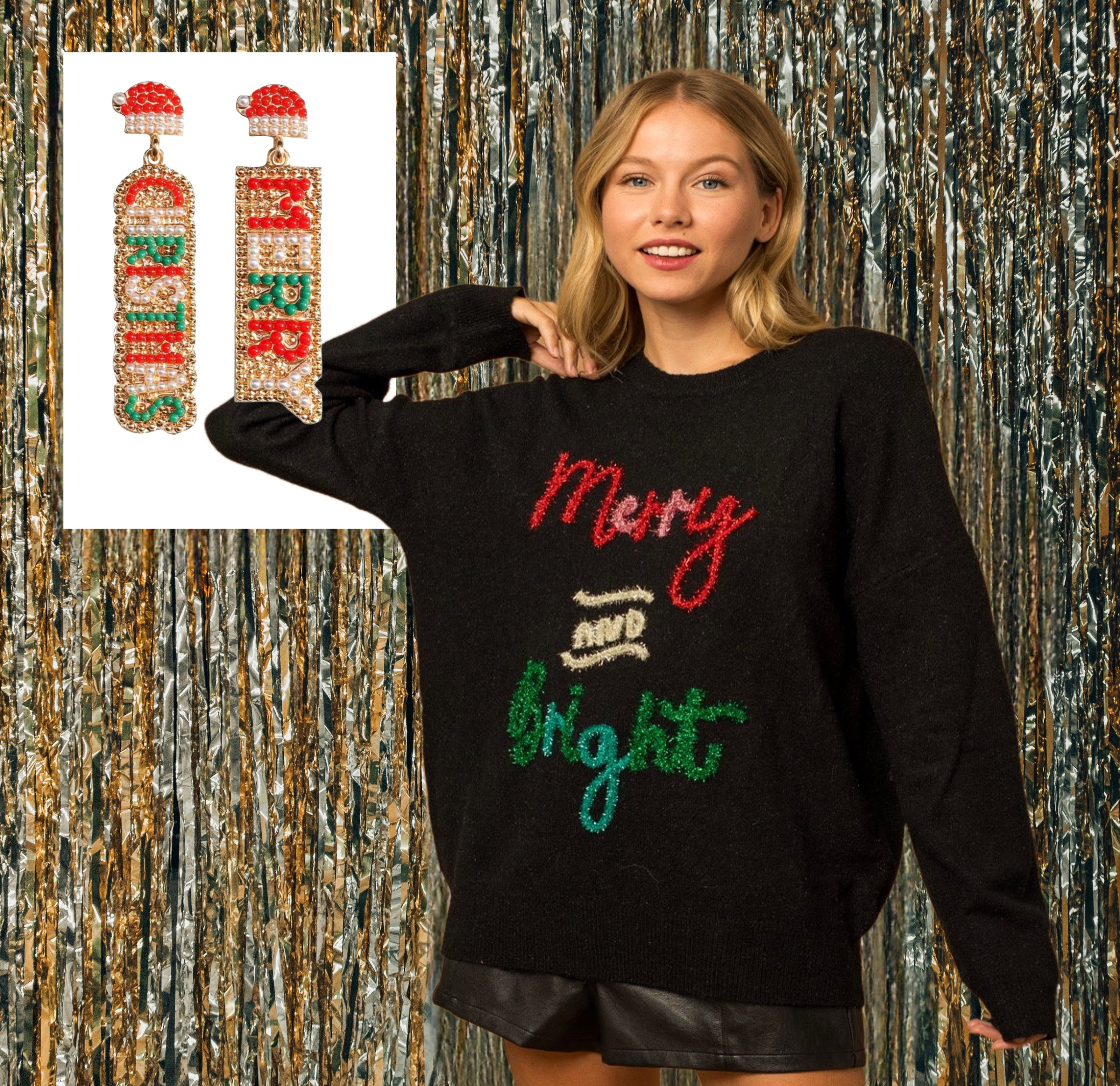 Merry and bright sparkly Christmas tinsel sweater Reg. & Plus Size