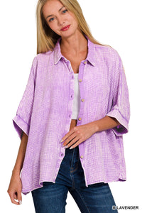 Lavender oversized washed gauze button down top