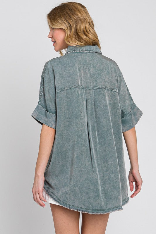 Green oversized mineral wash frayed hem button up top