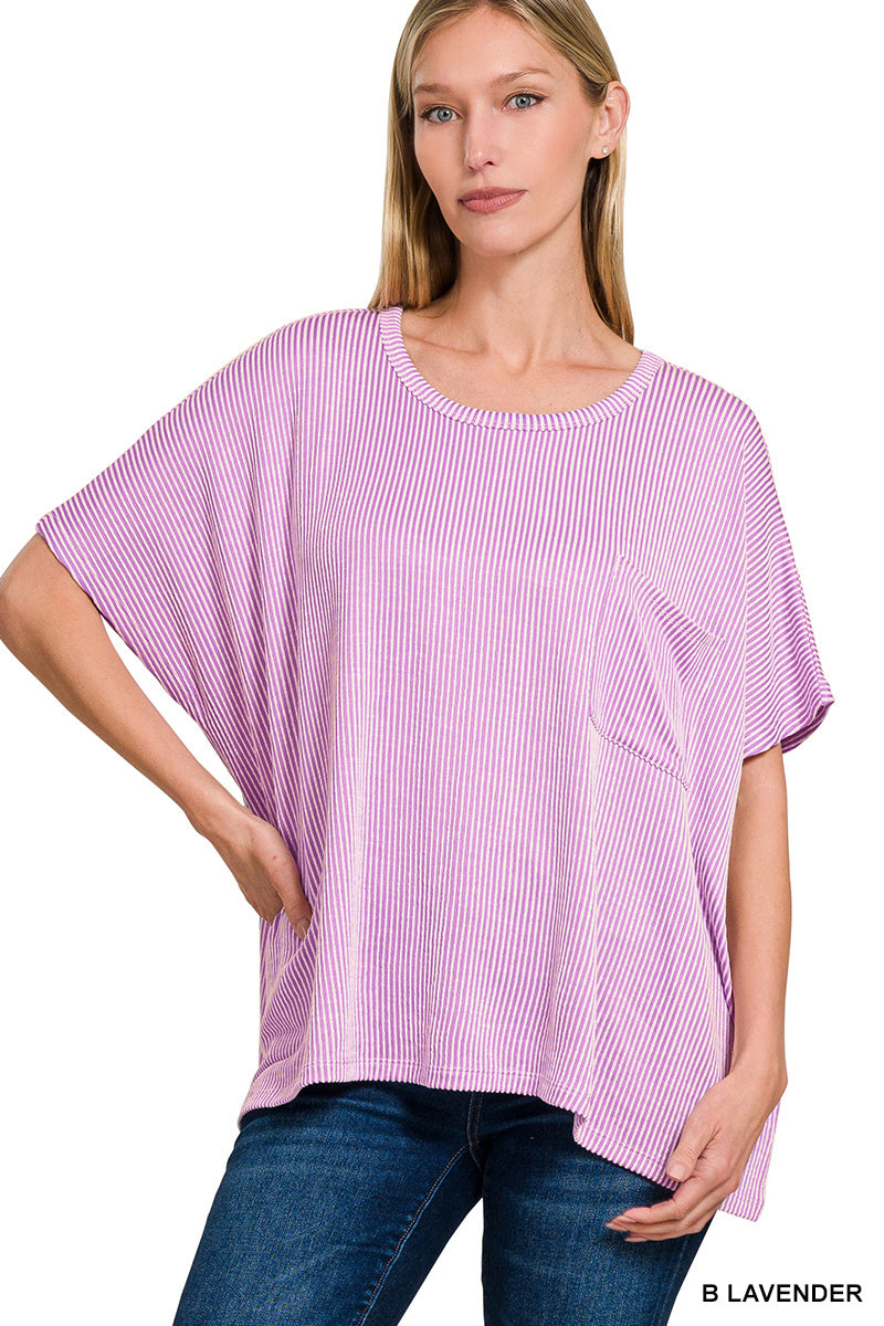 Zenana corded ribbed oversized short sleeve pocket top