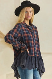 Oddi navy plaid & eyelet Reg. & Plus Size babydoll top