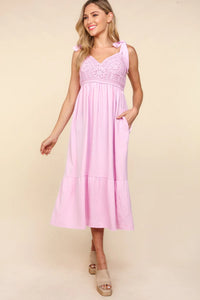 Pink crochet tiered maxi dress with tie straps