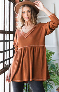 Rust waffle knit babydoll top