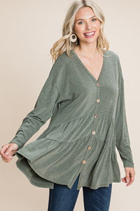 Regular and Plus Size heather olive tiered button up fall top