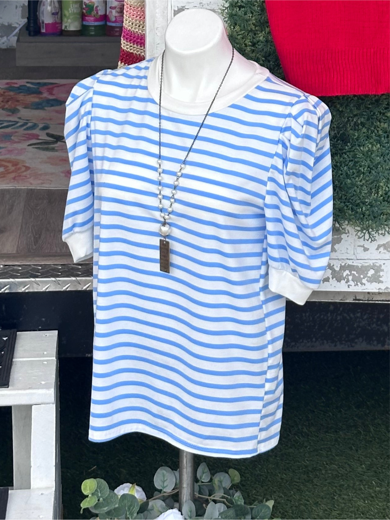 Baby blue & white striped puff sleeve top