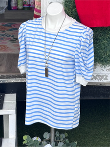 Baby blue & white striped puff sleeve top